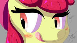 Size: 2560x1440 | Tagged: safe, artist:jimmy draws, character:apple bloom, species:earth pony, species:pony, blushing, cute, eye, eyes, face, female, foal, licking, licking lips, mane, smiling, solo, tongue out