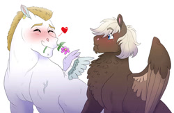 Size: 1280x834 | Tagged: safe, artist:cascayd, character:bulk biceps, character:dumbbell, species:pegasus, species:pony, bulkbell, dumbbiceps, ear piercing, earring, eyes closed, flower, gay, heart, jewelry, male, piercing, shipping, simple background, stallion, vein, white background