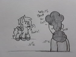 Size: 2576x1932 | Tagged: safe, artist:drheartdoodles, oc, oc:anon, oc:dr.heart, species:human, species:pegasus, species:pony, :3, chibi, clothing, clydesdale, dialogue, grass, jacket, knife, pencil drawing, traditional art