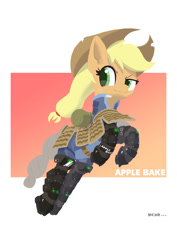 Size: 1414x2000 | Tagged: safe, artist:satv12, character:applejack, species:earth pony, species:pony, applejack's hat, armor, clothing, cowboy hat, female, hat, jumping, simple background, solo, text, white background