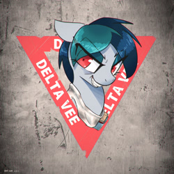 Size: 1920x1920 | Tagged: safe, artist:satv12, oc, oc only, oc:delta vee, bust, chromatic aberration, shrunken pupils, simple background, solo, text, toothy grin