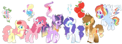 Size: 1723x623 | Tagged: safe, artist:dashkatortik12222222, artist:strawberry-spritz, base used, character:applejack, character:fluttershy, character:pinkie pie, character:rainbow dash, character:rarity, character:twilight sparkle, character:twilight sparkle (alicorn), species:alicorn, species:earth pony, species:pegasus, species:pony, species:unicorn, alternate cutie mark, alternate design, applejack's hat, beautiful, bow, clothing, coat markings, colored hooves, colored wings, cowboy hat, crown, curly hair, cutie mark, ear piercing, earring, female, flower, flower in hair, flying, freckles, happy, hat, heart eyes, jewelry, lidded eyes, mane six, mare, open mouth, piercing, pigtails, raised hoof, redesign, regalia, simple background, smiling, sparkles, sparkly mane, transparent background, wingding eyes, wings
