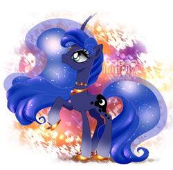 Size: 1180x1162 | Tagged: safe, artist:tiffanymarsou, character:princess luna, species:alicorn, species:pony, abstract background, curved horn, ethereal mane, female, galaxy mane, hoof shoes, horn, mare, raised hoof, solo