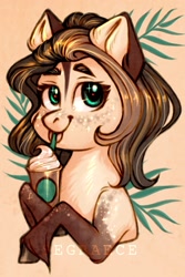 Size: 1280x1912 | Tagged: safe, artist:segraece, oc, oc only, oc:coffin tree, species:pony, abstract background, coffee, commission, cute, drink, female, frappuccino, looking at you, mare, ocbetes, solo, starbucks, tongue out