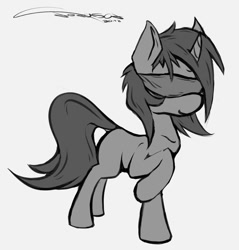 Size: 874x914 | Tagged: safe, artist:ferasor, oc, oc only, species:pony, species:unicorn, blindfold, monochrome, raised hoof, signature, simple background, sketch, solo, white background
