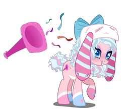 Size: 962x831 | Tagged: safe, artist:gihhbloonde, artist:meimisuki, oc, oc only, parent:party favor, parent:pinkie pie, parents:partypie, species:earth pony, species:pony, adoptable, bow, clothing, eyeshadow, female, freckles, hair bow, hat, makeup, mare, markings, next generation, offspring, party horn, raised hoof, simple background, solo, transparent background