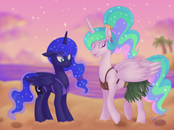 Size: 2771x2069 | Tagged: safe, artist:itoruna-the-platypus, character:princess celestia, character:princess luna, species:alicorn, species:pony, episode:between dark and dawn, g4, my little pony: friendship is magic, beach, bikini, clothing, coconut bikini, duo, ear piercing, earring, female, grass skirt, jewelry, mare, ocean, piercing, ponytail, royal sisters, siblings, signature, sisters, skirt, swimsuit, twilight (astronomy)