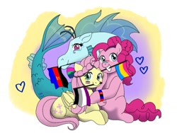 Size: 1024x768 | Tagged: safe, artist:fallenangel5414, character:fluttershy, character:pinkie pie, character:sonata dusk, species:earth pony, species:pegasus, species:pony, species:siren, ship:flutterpie, ship:pinata, abstract background, alternate hairstyle, asexual, asexual pride flag, bracelet, braid, face paint, female, heart, interspecies, jewelry, lesbian, looking at you, mare, mouth hold, pansexual, pansexual pride flag, polyamory, polyamory pride flag, polysexual, pride, shipping, smiling, sonashy
