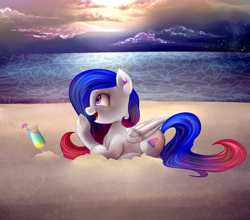 Size: 2500x2200 | Tagged: safe, artist:segraece, oc, oc only, oc:sherbert swirl, species:pegasus, species:pony, beach, cocktail, cup, pegasus oc, ponyloaf, prone, sand, solo, wings