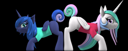 Size: 3000x1200 | Tagged: safe, artist:argos90, character:princess celestia, character:princess luna, species:pony, episode:between dark and dawn, g4, my little pony: friendship is magic, 3d, black background, missing cutie mark, moonbutt, simple background, sunbutt