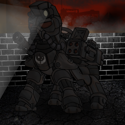Size: 2000x2000 | Tagged: safe, artist:devorierdeos, oc, oc only, species:earth pony, species:pony, fallout equestria, armor, fanfic, fanfic art, gun, hooves, ministry of wartime technology, power armor, rocket launcher, solo, steel ranger, weapon