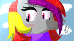 Size: 2560x1440 | Tagged: safe, artist:jimmy draws, oc, oc only, oc:annie flamme, species:pony, bust, clothing, cute, portrait, scarf, smiling