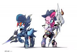 Size: 2000x1414 | Tagged: safe, artist:satv12, character:pinkie pie, character:rainbow dash, species:earth pony, species:pegasus, species:pony, armor, bard, bow, clothing, dragoon, fantasy class, female, final fantasy, final fantasy xiv, hat, kain highwind, lance, one eye closed, weapon, wink
