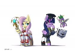 Size: 2000x1414 | Tagged: safe, artist:satv12, character:fluttershy, character:spike, character:twilight sparkle, character:twilight sparkle (alicorn), species:alicorn, species:dragon, species:pegasus, species:pony, book, female, final fantasy, final fantasy xiv, mare, scholar, white mage, winged spike
