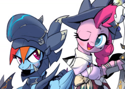 Size: 1453x1027 | Tagged: safe, alternate version, artist:satv12, character:pinkie pie, character:rainbow dash, species:earth pony, species:pegasus, species:pony, armor, bard, bow, clothing, dragoon, fantasy class, female, final fantasy, final fantasy xiv, hat, kain highwind, lance, one eye closed, weapon, wink
