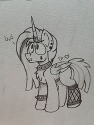 Size: 1932x2576 | Tagged: safe, artist:drheartdoodles, character:princess celestia, species:alicorn, species:pony, alternate hairstyle, bracelet, chest fluff, collar, female, fishnets, goth, jewelry, owo, punklestia, solo, traditional art