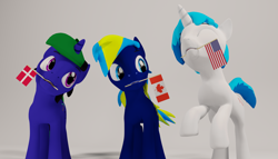 Size: 2100x1200 | Tagged: safe, artist:deloreandudetommy, oc, oc only, oc:supersaw, oc:tpuk, oc:ultra marine, species:pony, 3d, blender, canada, denmark, excited, flag, happy, mouth hold, united states