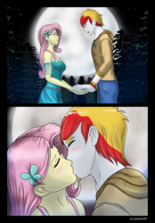 Size: 5197x7465 | Tagged: safe, artist:symptom99, character:fluttershy, oc, oc:lucky charm, my little pony:equestria girls, blushing, canon x oc, cute, female, first kiss, flucky, male, moon, night, romantic, shipping, straight