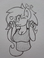 Size: 1932x2576 | Tagged: safe, artist:drheartdoodles, oc, oc only, oc:mamma, species:anthro, big breasts, breasts, bust, cleavage, cute, female, heart, milf, one eye closed, open mouth, solo, tongue out, traditional art, uwu, wink