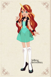 Size: 400x600 | Tagged: safe, artist:gardenofdaisy, artist:hippykat13, character:sunset shimmer, species:human, bow, bracelet, choker, clothing, dolldivine, dressup, dressup game, ever after high, flats, freckles, horn, horned humanization, humanized, jacket, jewelry, kneesocks, leotard, see-through, see-through skirt, shoes, skirt, socks, tutu