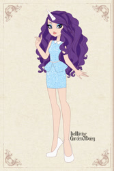 Size: 800x1200 | Tagged: safe, artist:gardenofdaisy, artist:hippykat13, character:rarity, species:human, belt, clothing, dolldivine, dress, dressup, dressup game, ever after high, eyeshadow, female, flats, horn, horned humanization, humanized, makeup, solo