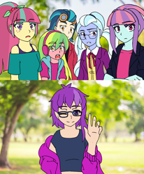 Size: 2048x2481 | Tagged: safe, artist:fantasygerard2000, character:indigo zap, character:lemon zest, character:sour sweet, character:sugarcoat, character:sunny flare, oc, oc:magus eveningstar, my little pony:equestria girls, alternate outfits, clothing, glasses, goggles, headphones, jacket, outdoors, pigtails, ponytail, real life background, shadow five