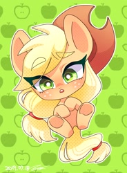 Size: 1500x2036 | Tagged: safe, artist:bbtasu, character:applejack, species:earth pony, species:pony, apple, chibi, cute, eyebrows, eyebrows visible through hair, female, food, jackabetes, mare, on back, open mouth, solo