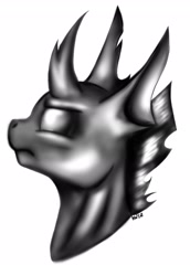 Size: 1663x2418 | Tagged: safe, artist:noxi1_48, oc, oc only, oc:noxi, species:changeling, species:pony, black and white, changeling oc, determined, digital art, female, grayscale, head, horn, monochrome, reformed