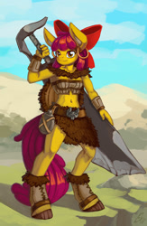 Size: 783x1200 | Tagged: safe, artist:lexx2dot0, character:apple bloom, species:anthro, species:unguligrade anthro, barbarian, belly button, canteen, clothing, ear piercing, earring, female, fur, jewelry, midriff, older, older apple bloom, piercing, smiling, solo, sword, tube top, weapon