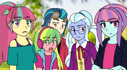 Size: 2048x1142 | Tagged: safe, artist:fantasygerard2000, character:indigo zap, character:lemon zest, character:sour sweet, character:sugarcoat, character:sunny flare, my little pony:equestria girls, alternate costumes, blurred background, cropped, female, looking at you, open mouth, outdoors, real life background, shadow five