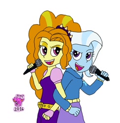 Size: 882x906 | Tagged: safe, artist:resotii, character:adagio dazzle, character:trixie, ship:triagio, my little pony:equestria girls, female, lesbian, microphone, shipping