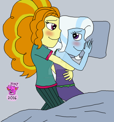 Size: 1024x1096 | Tagged: safe, artist:resotii, character:adagio dazzle, character:trixie, ship:triagio, my little pony:equestria girls, blushing, cuddling, female, lesbian, shipping, spooning
