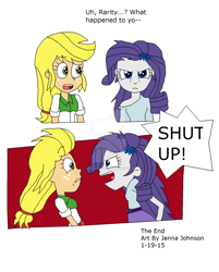 Size: 1024x1272 | Tagged: safe, artist:resotii, character:applejack, character:rarity, my little pony:equestria girls, implied menstruation, messy hair, moody, obtrusive watermark, watermark