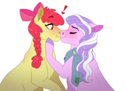 Size: 1600x1143 | Tagged: safe, artist:cascayd, character:apple bloom, character:diamond tiara, species:earth pony, species:pony, ship:diamondbloom, blushing, bow, braid, clothing, exclamation point, eyes closed, female, hair bow, heart, kissing, lesbian, mare, older, older apple bloom, older diamond tiara, scarf, shipping, smiling