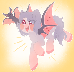 Size: 1712x1656 | Tagged: safe, artist:adostume, oc, oc only, species:bat, species:bat pony, species:pony, bat wings, blushing, female, flying, happy, mare, pet, simple background, smiling, wings