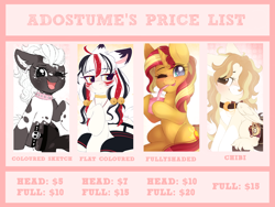 Size: 4000x3000 | Tagged: safe, artist:adostume, character:sunset shimmer, oc, species:pony, advertisement, commission, commissions sheet, price list, price sheet, prices