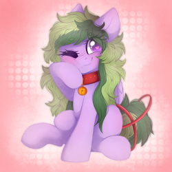 Size: 1882x1882 | Tagged: safe, artist:adostume, oc, oc only, oc:toxiberry, species:pegasus, species:pony, bell, blushing, collar, cute, female, fluffy, fluffy mane, long mane, mare, one eye closed, simple background, sitting, smiling, solo, wink