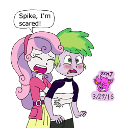 Size: 871x918 | Tagged: safe, artist:resotii, character:spike, character:sweetie belle, ship:spikebelle, my little pony:equestria girls, blushing, deviantart watermark, female, hug, human spike, male, obtrusive watermark, open mouth, scared, shipping, straight, watermark