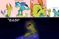 Size: 1800x1200 | Tagged: safe, artist:zouyugi, character:ocellus, character:princess ember, character:thorax, species:changeling, species:dragon, species:reformed changeling, bait and switch, changeling x dragon, comic, denied, embrax, female, good girl, male, meme, nightmare, ponified meme, shipping, straight, tail wag
