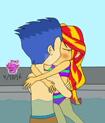Size: 824x969 | Tagged: safe, artist:resotii, character:flash sentry, character:sunset shimmer, ship:flashimmer, my little pony:equestria girls, bikini, clothing, deviantart watermark, female, kissing, male, obtrusive watermark, shipping, straight, swimming pool, swimsuit, watermark