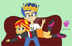 Size: 1024x653 | Tagged: safe, artist:resotii, character:flash sentry, character:sunset shimmer, ship:flashimmer, my little pony:equestria girls, couch, crown, female, jewelry, male, property of sunset, regalia, shipping, straight