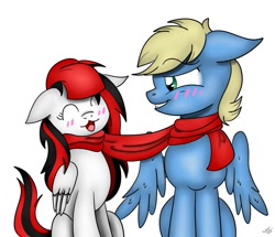 Size: 965x828 | Tagged: safe, artist:theartistsora, oc, oc only, oc:synthis, oc:thedoctorsora, species:pegasus, species:pony, blushing, clothing, female, floppy ears, male, scarf, shared clothing, shared scarf, simple background, straight, synsora, white background