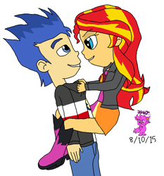 Size: 960x1031 | Tagged: safe, artist:resotii, character:flash sentry, character:sunset shimmer, ship:flashimmer, my little pony:equestria girls, clinging, female, happy, male, shipping, straight