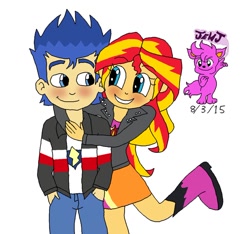 Size: 924x865 | Tagged: safe, artist:resotii, character:flash sentry, character:sunset shimmer, ship:flashimmer, my little pony:equestria girls, blushing, clothing, cute, female, hug, hug from behind, jacket, leg in air, love, male, shipping, simple background, smiling, straight, white background