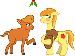 Size: 4867x3686 | Tagged: safe, artist:spokenmind93, character:braeburn, character:little strongheart, species:pony, ship:braeheart, christmas, female, holiday, holly, holly mistaken for mistletoe, male, old art is old, shipping, straight