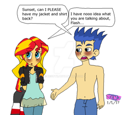 Size: 1024x917 | Tagged: safe, artist:resotii, character:flash sentry, character:sunset shimmer, ship:flashimmer, my little pony:equestria girls, belly button, clothing, female, jeans, male, pants, partial nudity, shipping, straight, topless