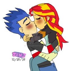 Size: 890x898 | Tagged: safe, artist:resotii, character:flash sentry, character:sunset shimmer, ship:flashimmer, my little pony:equestria girls, clothing, female, jacket, kissing, leather jacket, male, shipping, straight