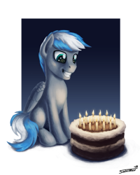 Size: 1199x1500 | Tagged: safe, artist:sa1ntmax, oc, oc:cloud zapper, species:pegasus, species:pony, birthday cake, cake, candle, commission, food, happy, happy birthday, male, simple background, smiley face, solo, transparent background