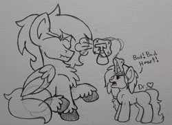 Size: 2281x1660 | Tagged: safe, artist:drheartdoodles, oc, oc only, oc:dr.heart, oc:niki rage, species:pegasus, species:pony, species:unicorn, bottle, clydesdale, size difference, spray, traditional art