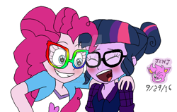 Size: 1024x651 | Tagged: safe, artist:resotii, character:pinkie pie, character:twilight sparkle, character:twilight sparkle (scitwi), species:eqg human, ship:twinkie, my little pony:equestria girls, female, glasses, lesbian, scitwinkie, shipping